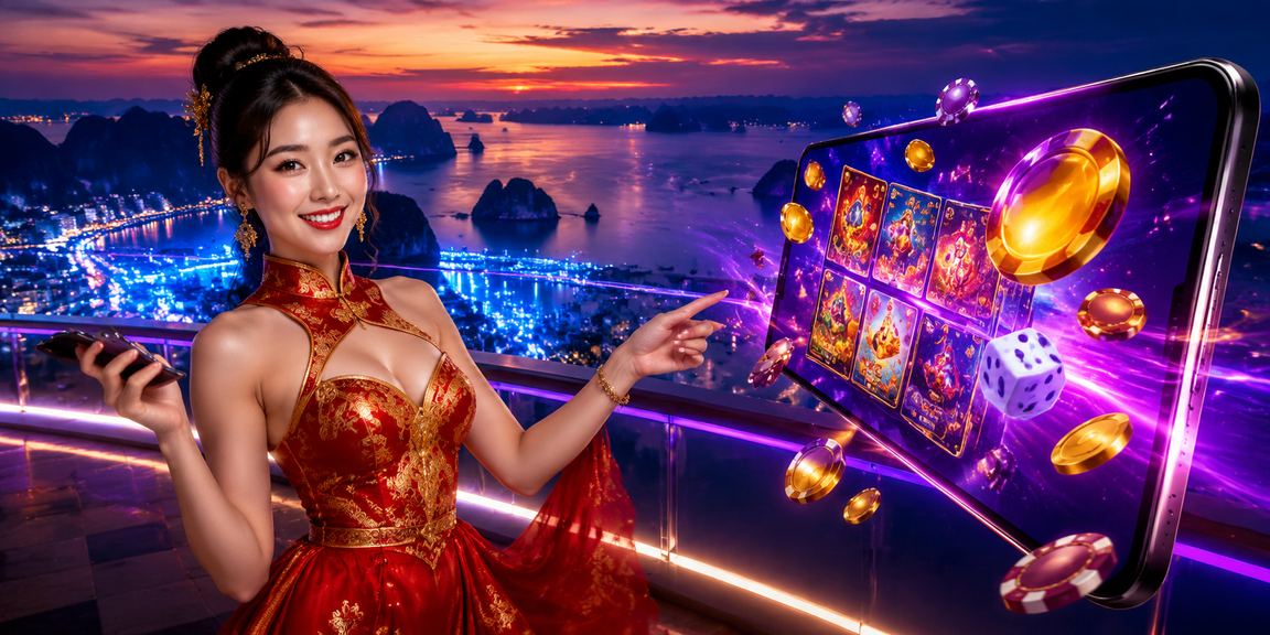 Khung cảnh vịnh Hạ Long về đêm với ánh đèn neon casino trên thiết bị di động